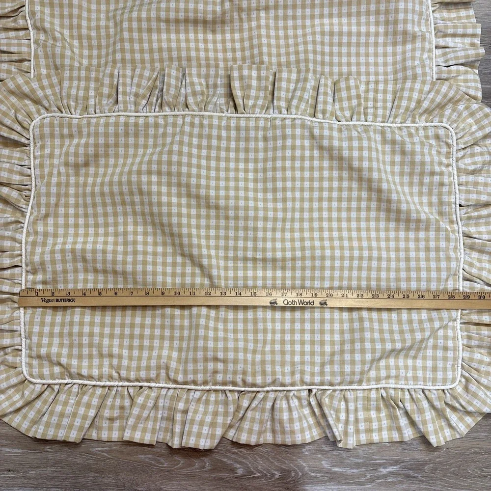 VTG Queen Size Cottagecore Butter Yellow Gingham Cord Ruffle Pillow Covers Shams